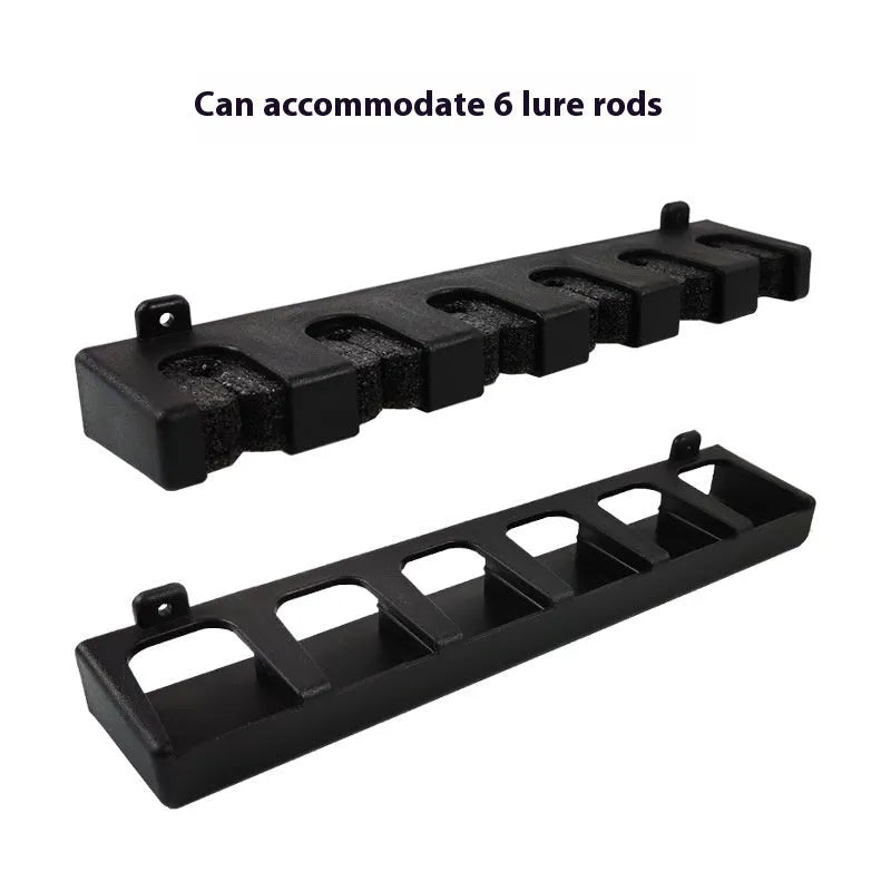 Black ABS plastic wall-mounted fishing rod holder in upright and horizontal frame styles