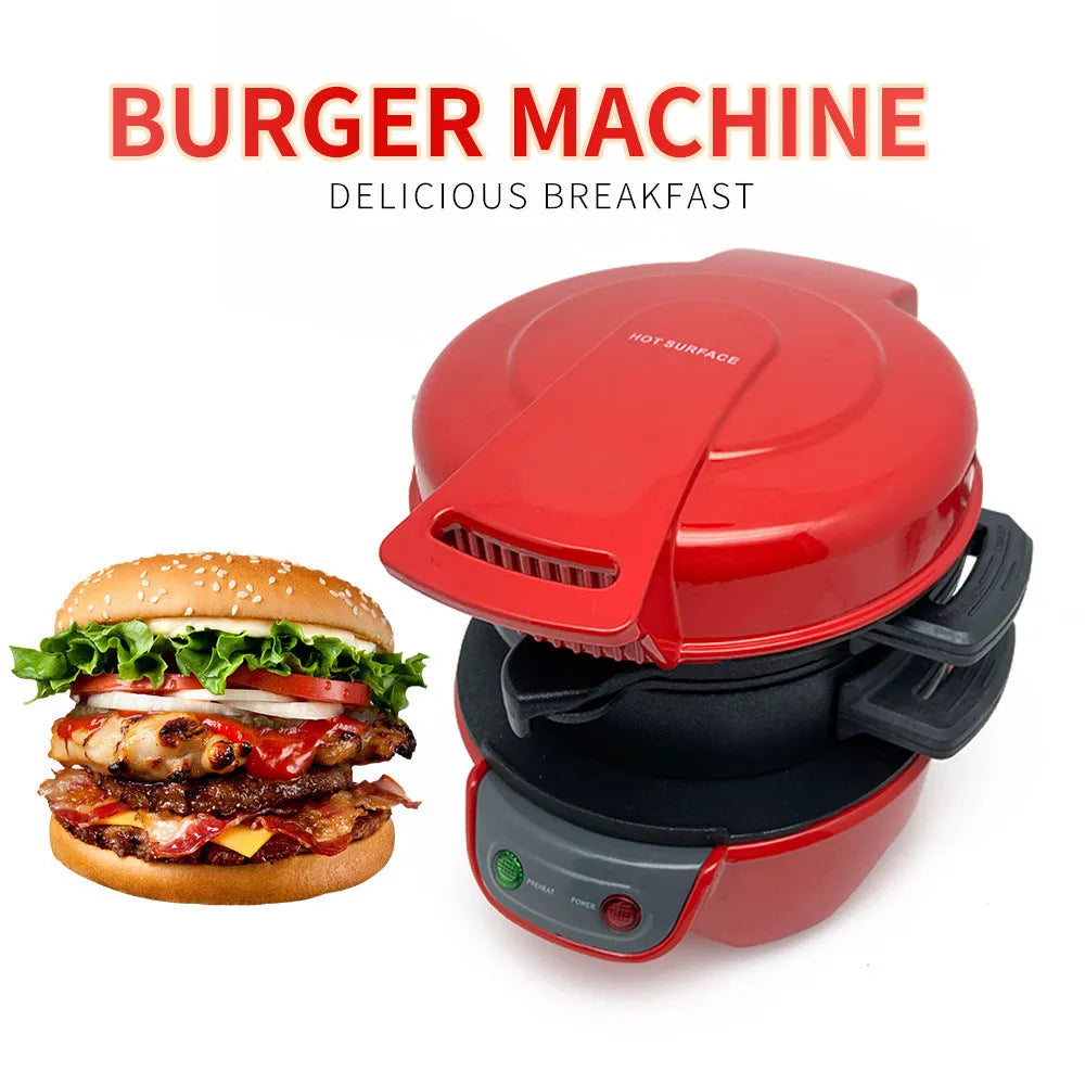 Bright red breakfast sandwich maker with egg cooker ring and baking trays on kitchen counter
