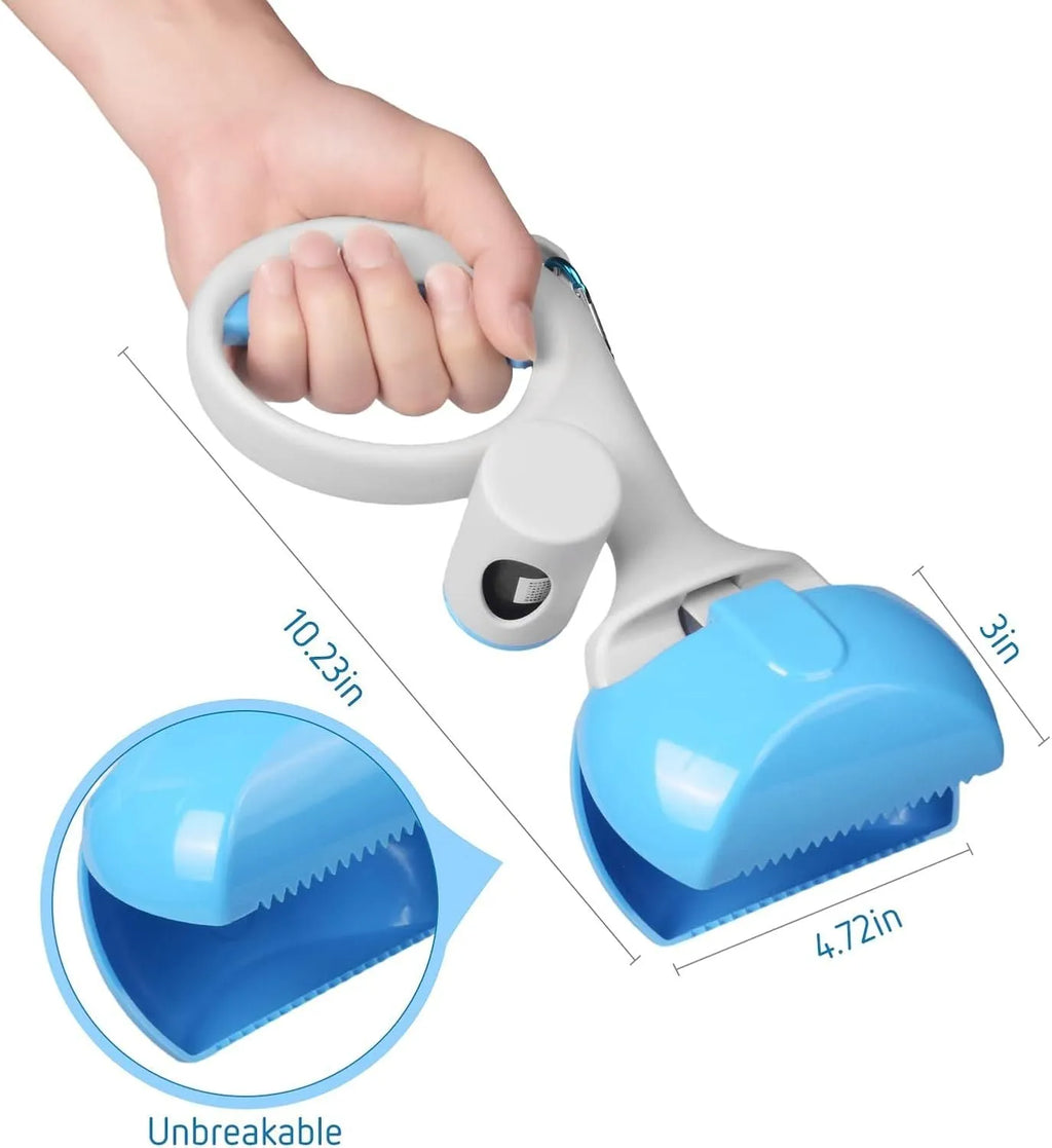 Heavy-duty ABS plastic pet pooper scooper with integrated trash bag holder in blue colour