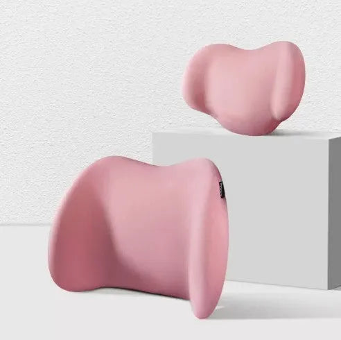 Memory cotton car headrest and back cushion set in black, green, grey, or pink colours.