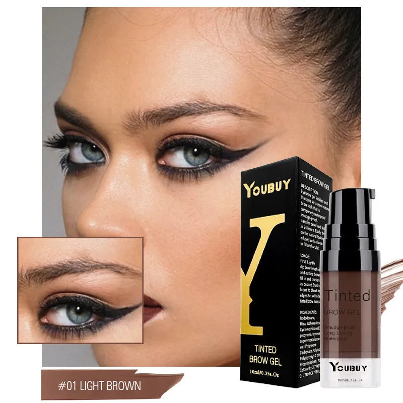Waterproof brow cream tube in dark grey and golden yellow shades with applicator
