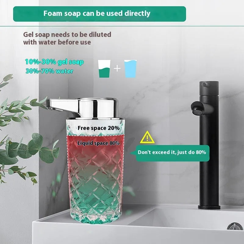 Automatic soap dispenser with silver finish and USB Type-C charging port