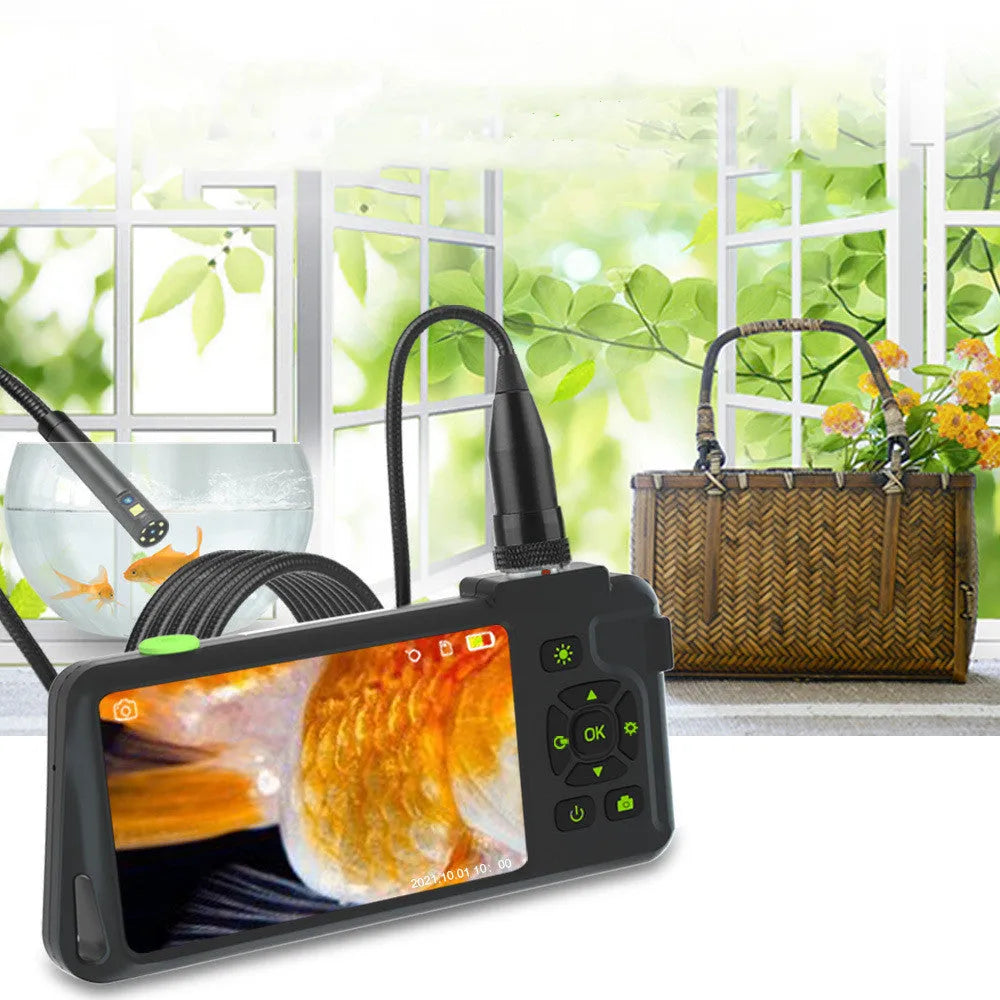 Handheld industrial endoscope with 4.5-inch screen and a thin black inspection probe on a 1-metre cable.