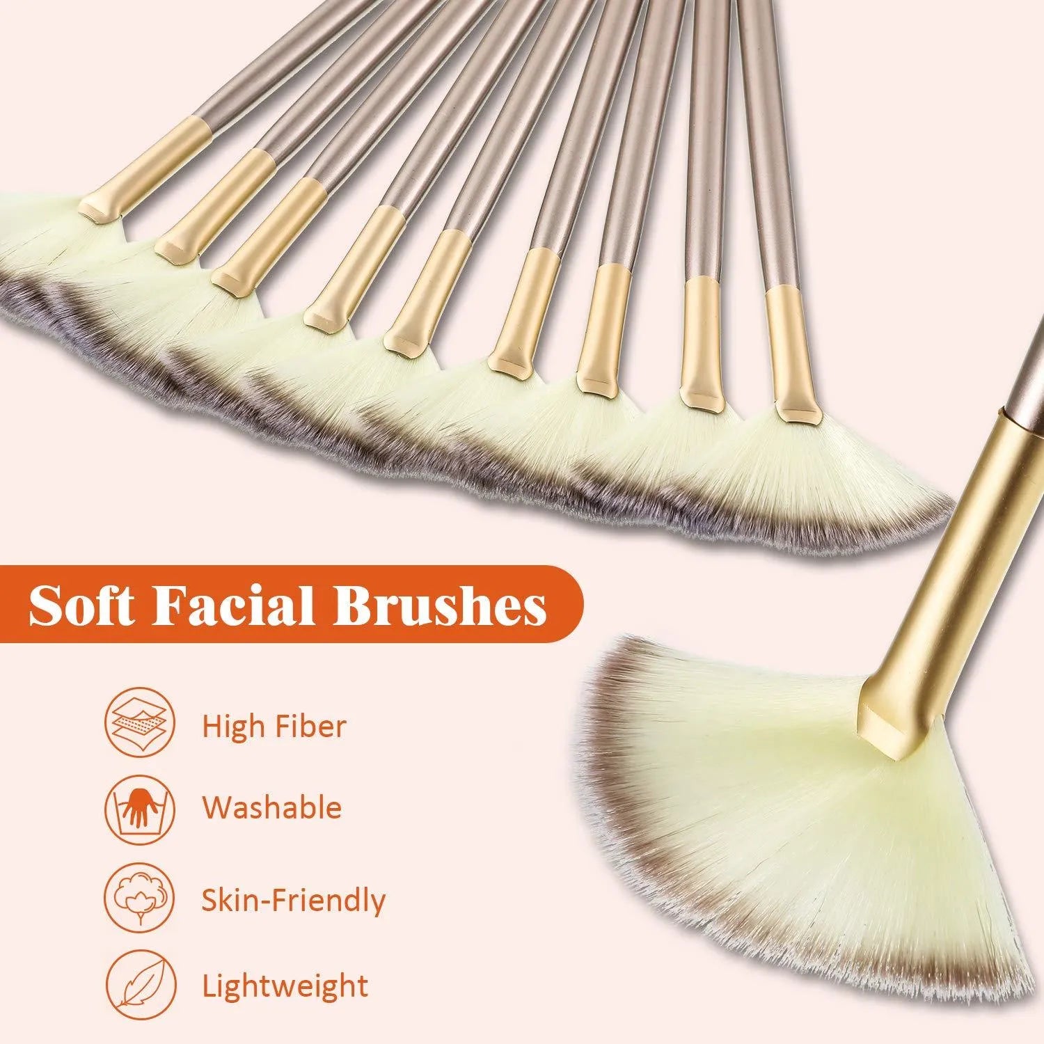 10 professional facial fan brushes with champagne finish handles and protective covers for makeup and treatment application
