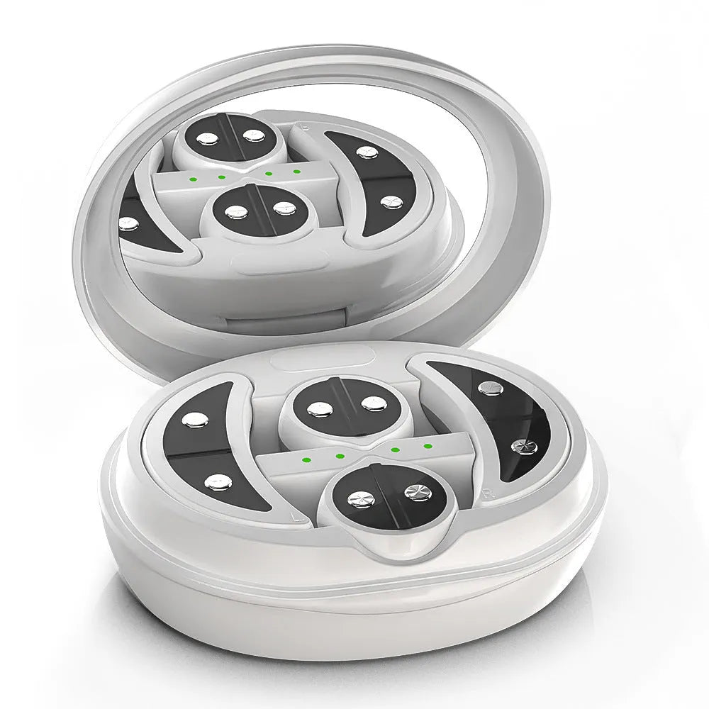 White wireless red light eye and facial massager with EMS technology held in hand