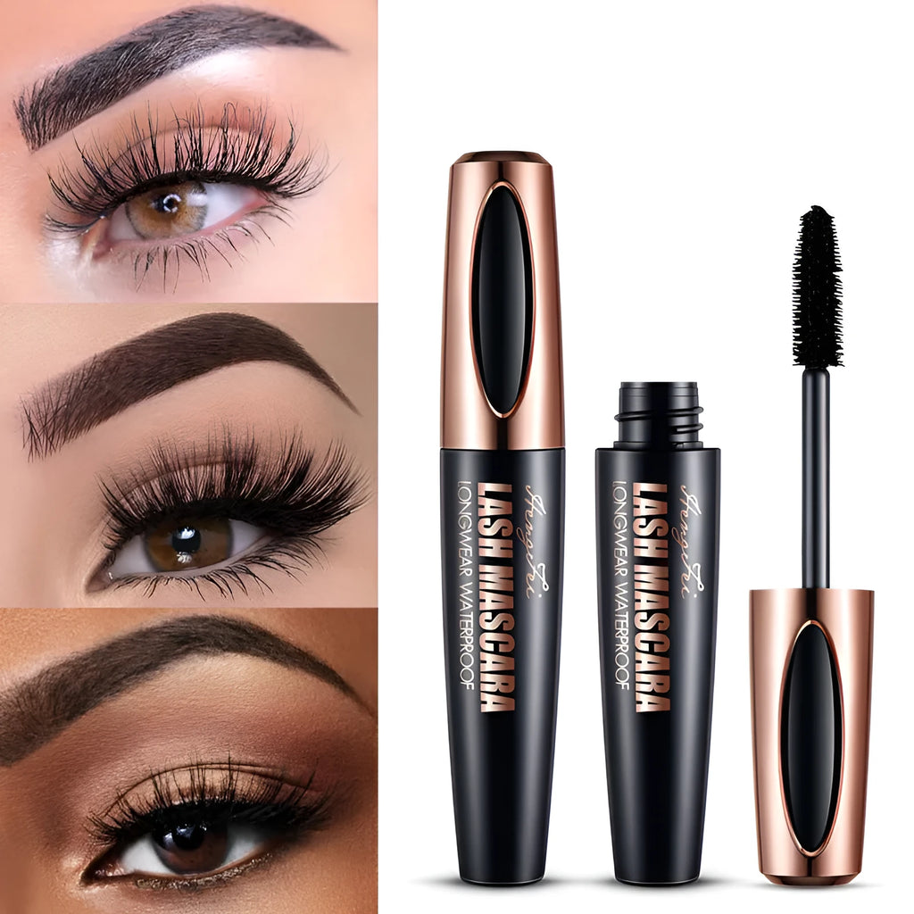 Black waterproof mascara tube for thick, long, curled lashes, shown with colour box and opp bag packaging.