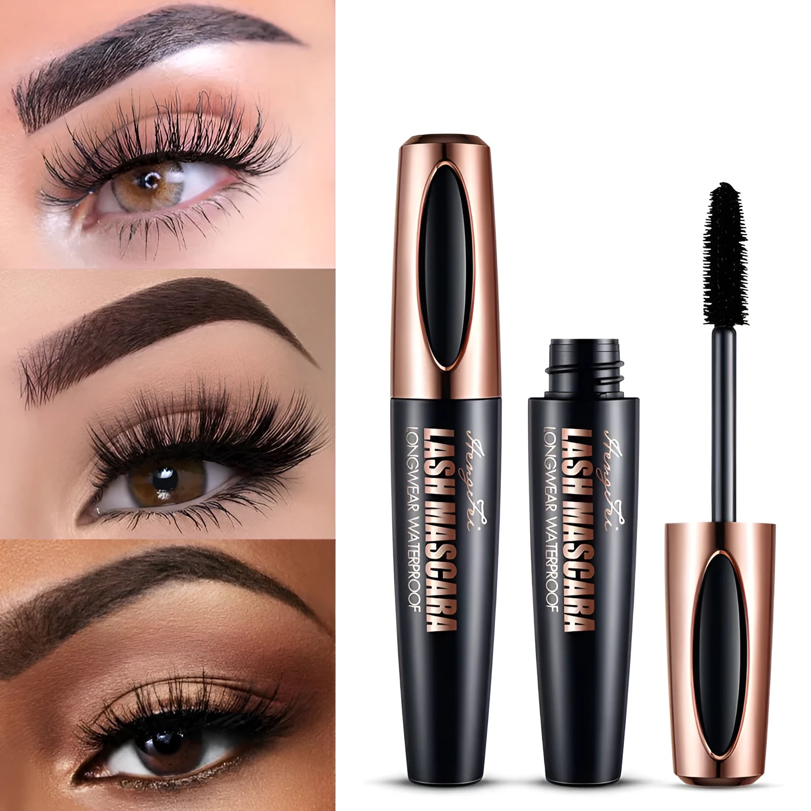 Black waterproof mascara tube for thick, long, curled lashes, shown with colour box and opp bag packaging.