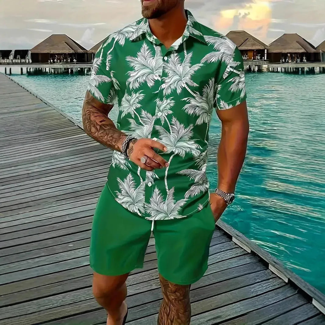 Men's Hawaii themed 3D printed short sleeve suit with matching trousers in polyester fabric