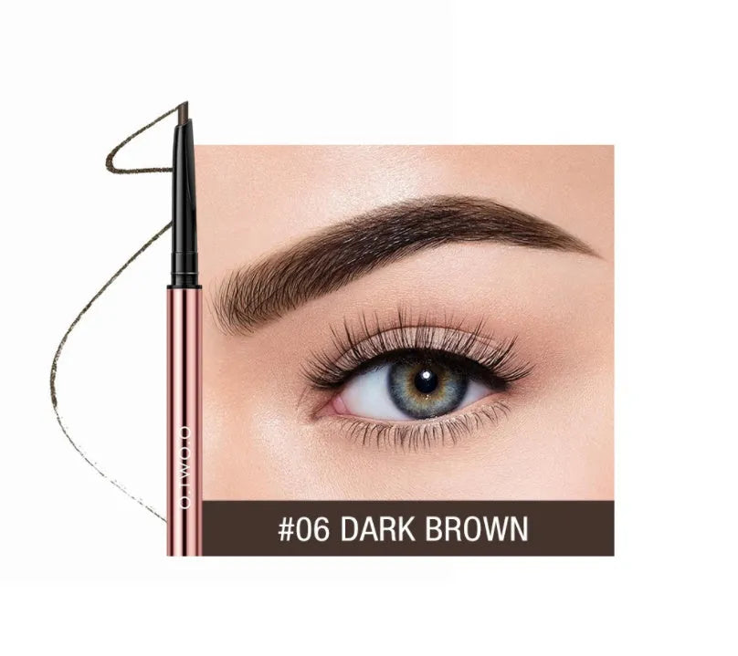 Eye brow make-up pencil in colour box packaging with six shade options shown, tapered tip visible.