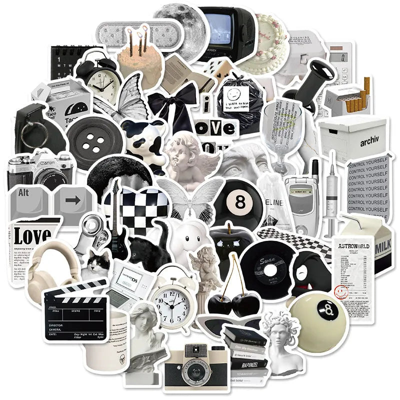 61 black and white waterproof vinyl stickers with coffee and tea cup designs for laptops and phones