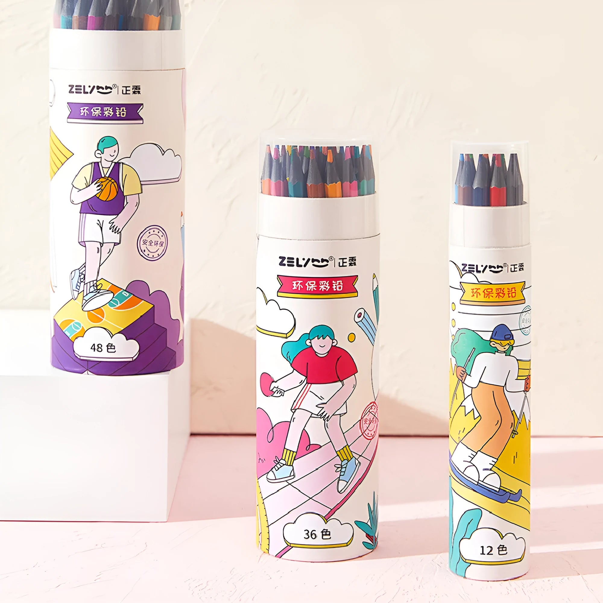 Zhenglin Sports Series colouring pencils in a set with paper barrels.