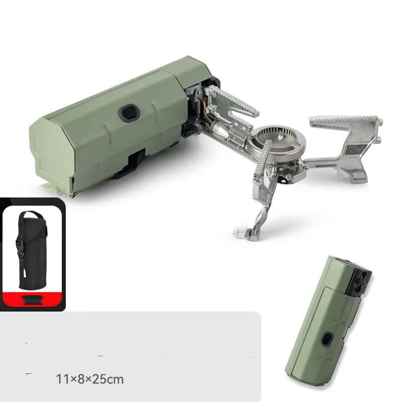 Green portable folding camping gas stove with adjustable valve on a serrated bracket, shown with its storage bag.