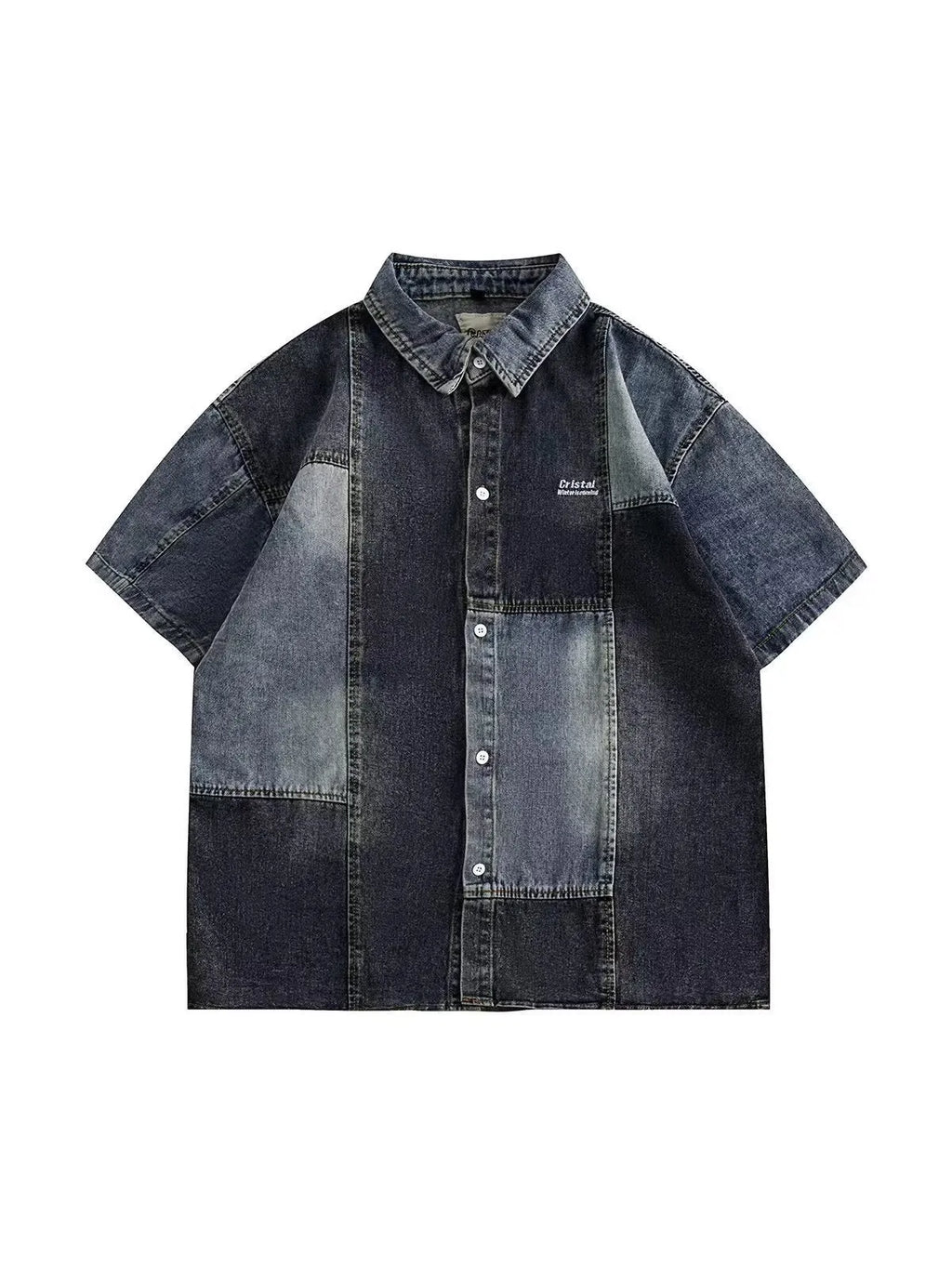 Blue Japanese-style retro denim shirt for men with washed stitching and loose cardigan fit