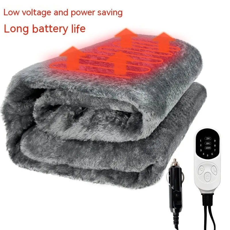 Grey 12V car electric blanket with cigarette lighter plug, shown in single and double size options with temperature control