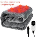 Grey 12V car electric blanket with cigarette lighter plug, shown in single and double size options with temperature control