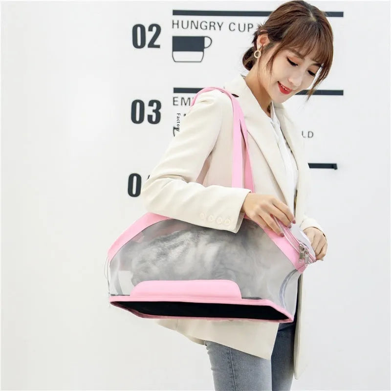 Leather pet carrier bag showing 25-litre capacity and medium hardness construction