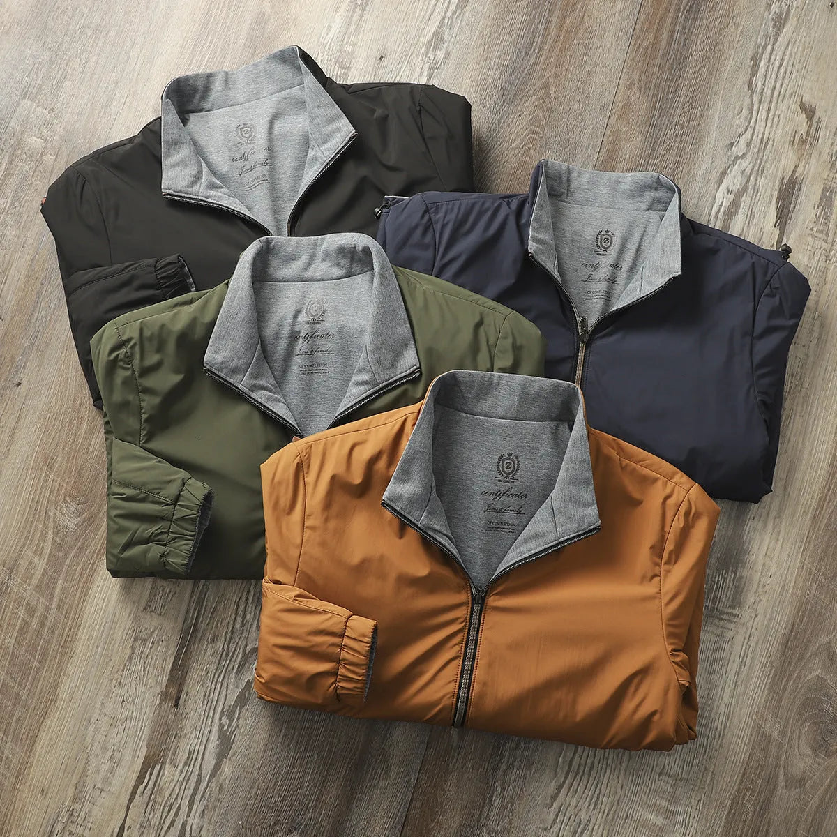 Men's simple stand collar jacket in polyester blend, shown in army green colour.