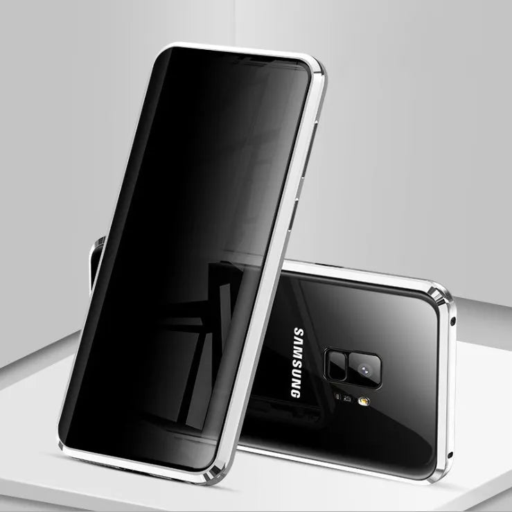 Black clamshell anti-peeping magnetic phone case for Samsung Galaxy phone shown open and closed