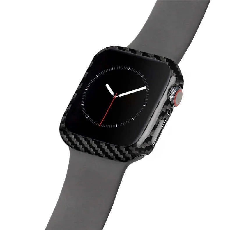 Bright black half wrap leather case fitted on an Apple Watch Series 4 44mm