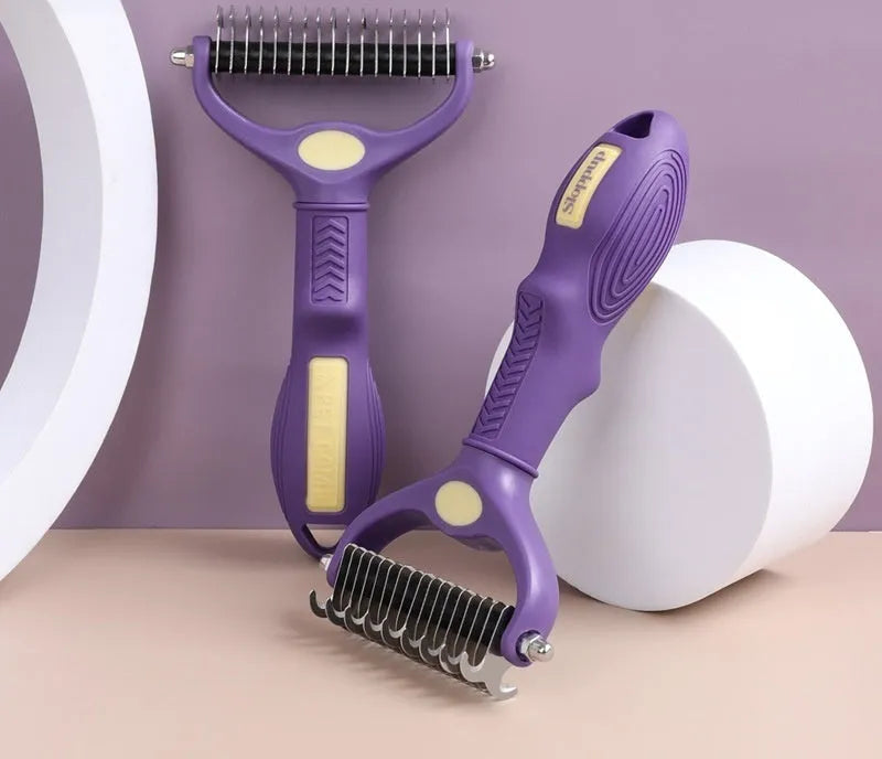 Purple plastic double-sided pet comb for dog and cat grooming