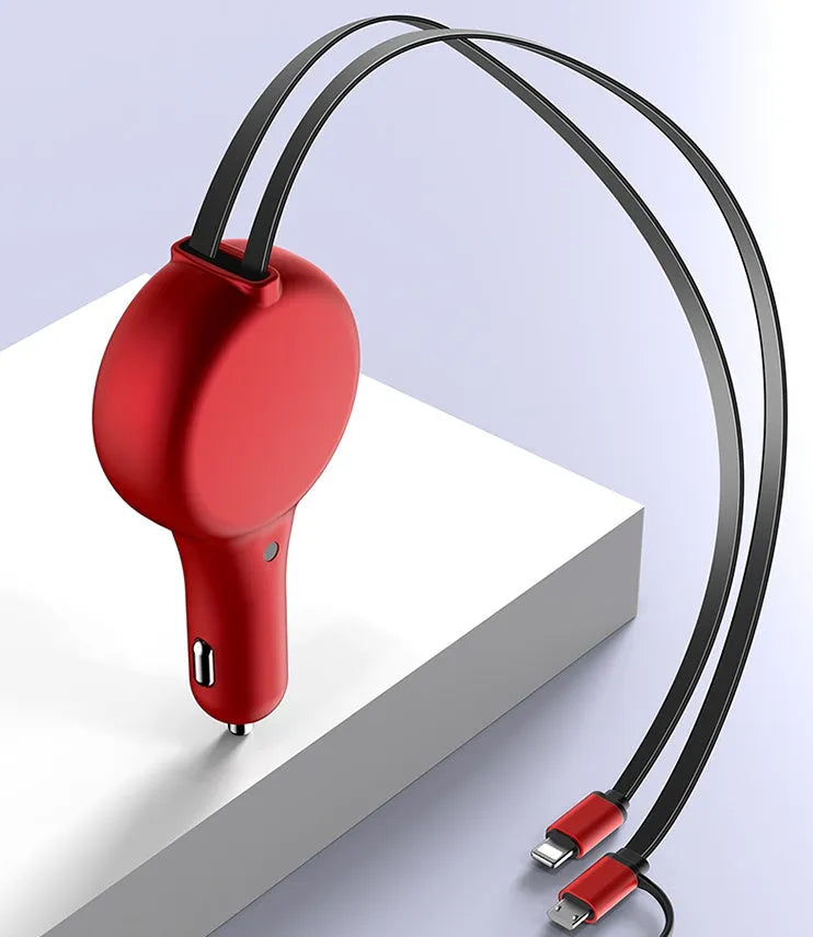 Black retractable car charger with extended cables showing three different charging head types