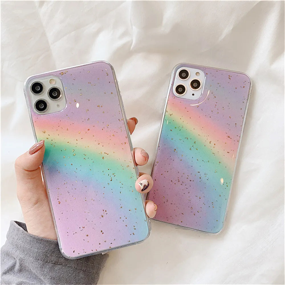Rainbow gradient TPU iPhone case with colourful stripes on back, showing Japanese and Korean style design