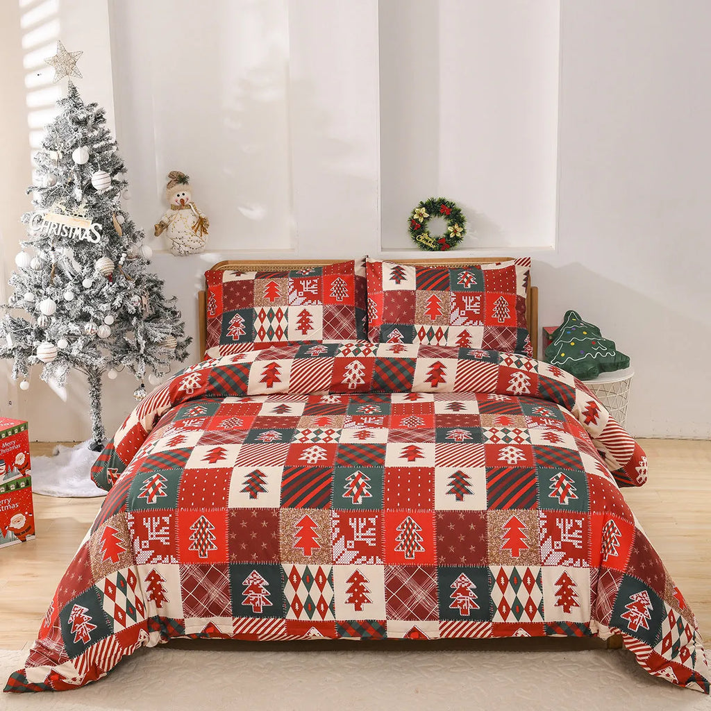 Christmas red plaid patterned quilt cover and pillowcases bedding set on a bed.