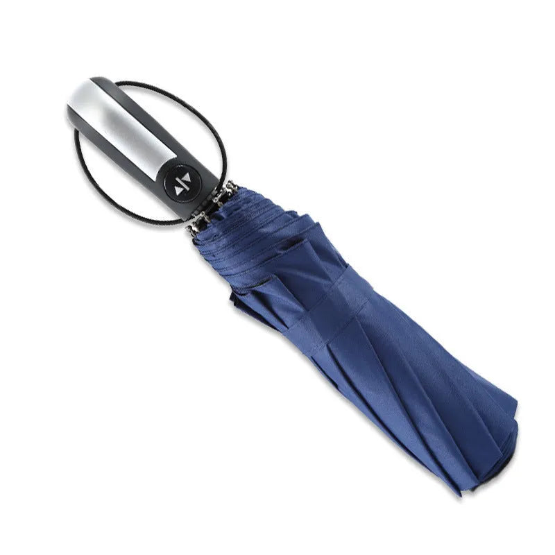 Automatic triple folding black business sun shade umbrella with steel ribs and a rubber handle.