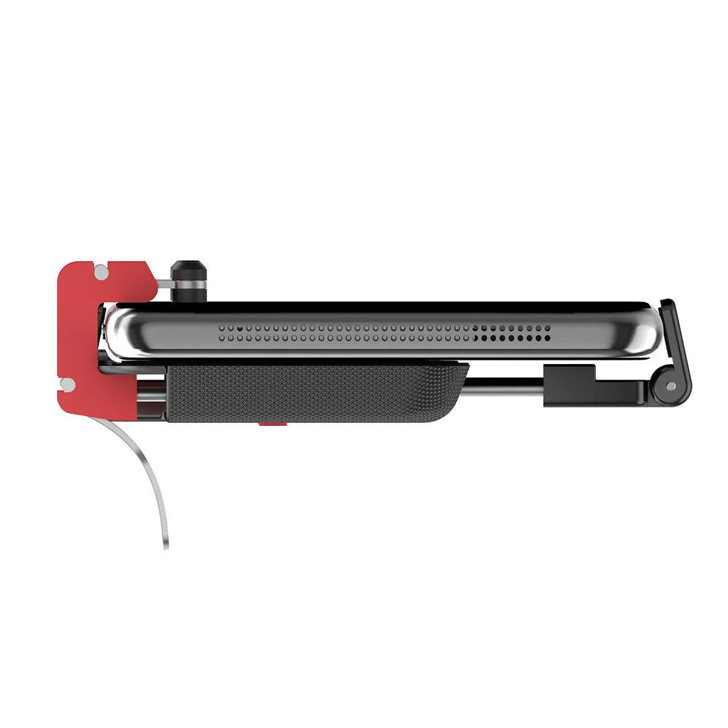 Black mobile phone game controller with adjustable metal trigger and telescopic fixing clip extended.