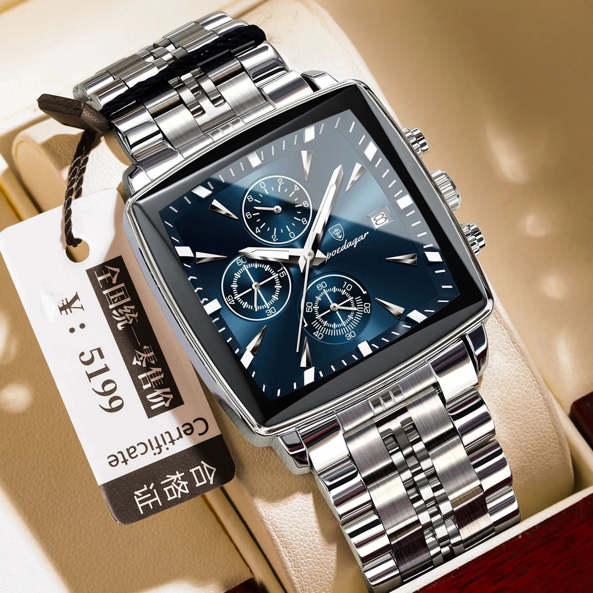 Square faced men's business watch with stainless steel strap in one of ten colour options.