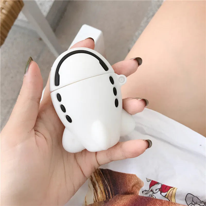 Cartoon aircraft headset design silicone flip case for Apple AirPods with carrying hook.