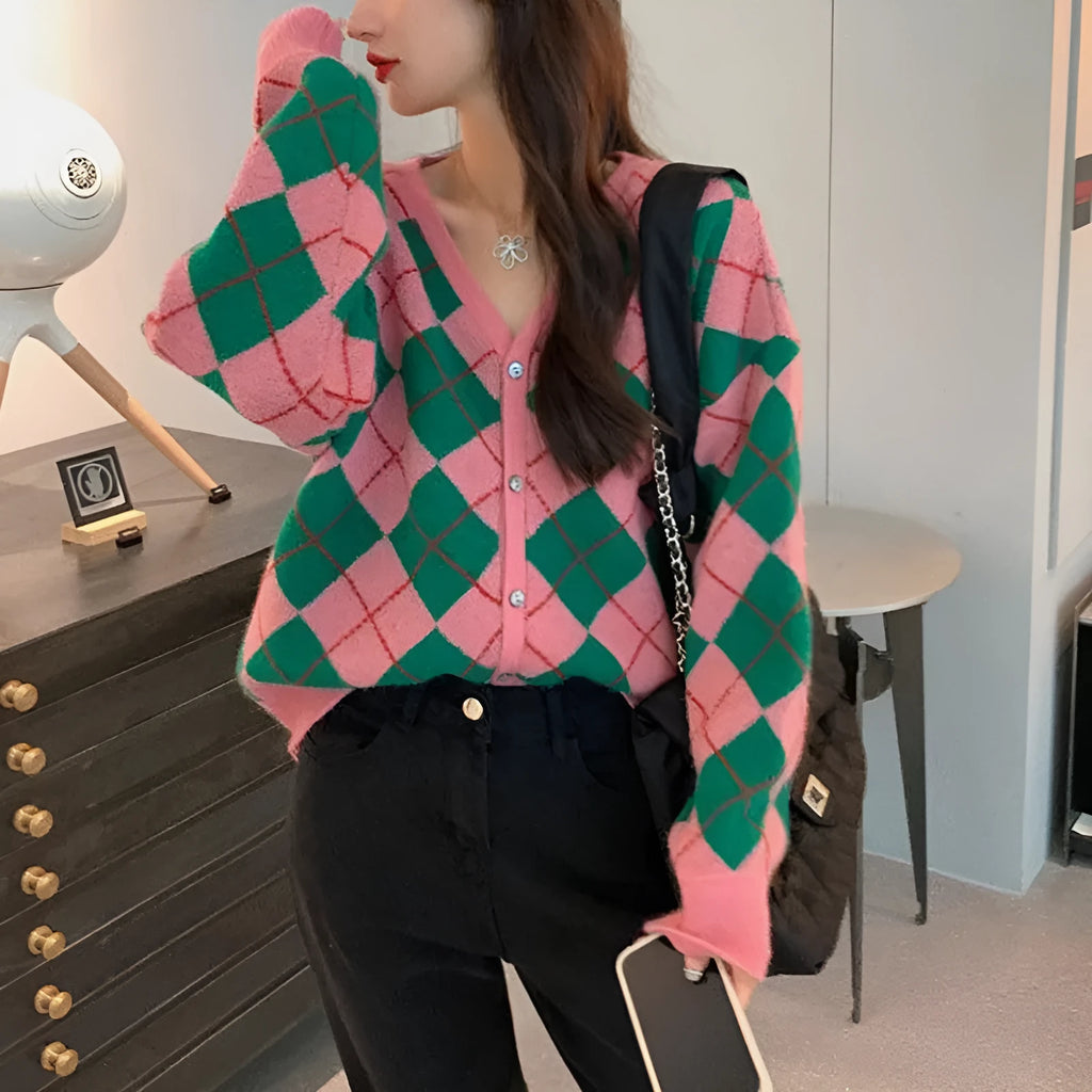 Acrylic knitted casual cardigan in macaron colours with Japanese Korean fashion styling