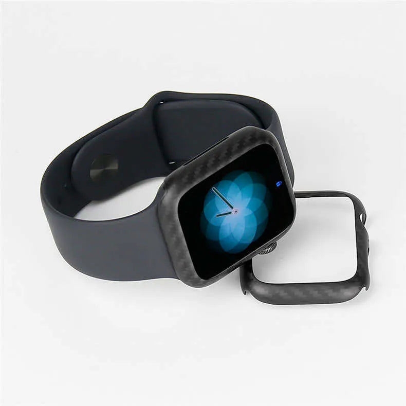 Bright black half wrap leather case fitted on an Apple Watch Series 4 44mm