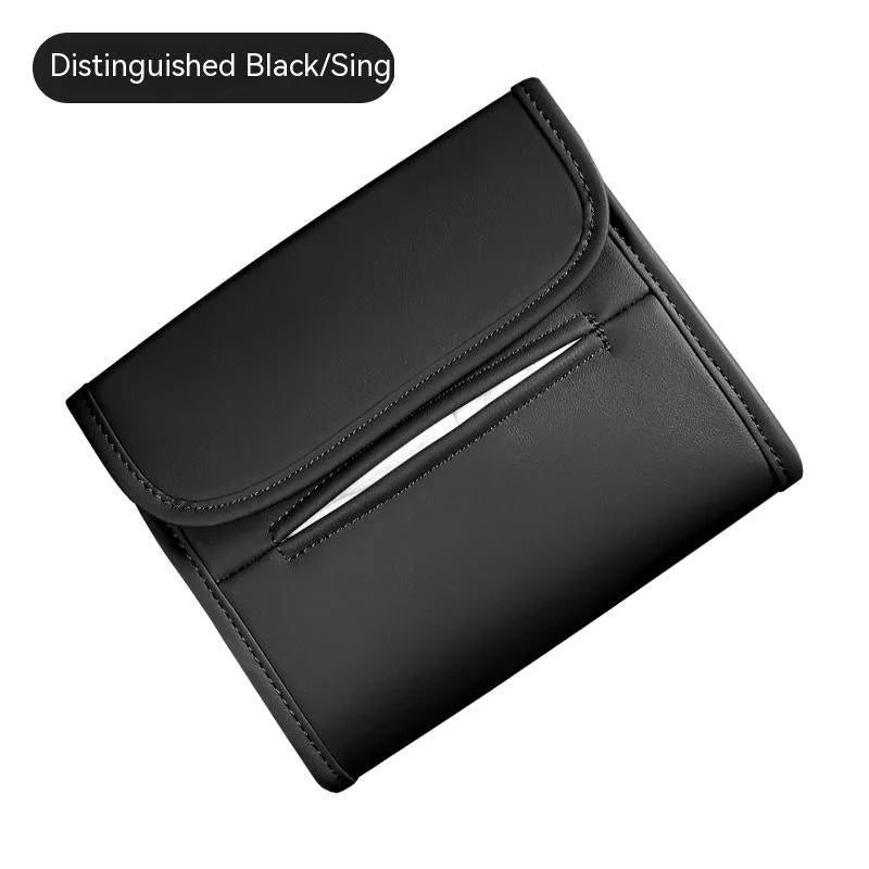 Leather car tissue box with elastic band button for sun visor or chair back mounting