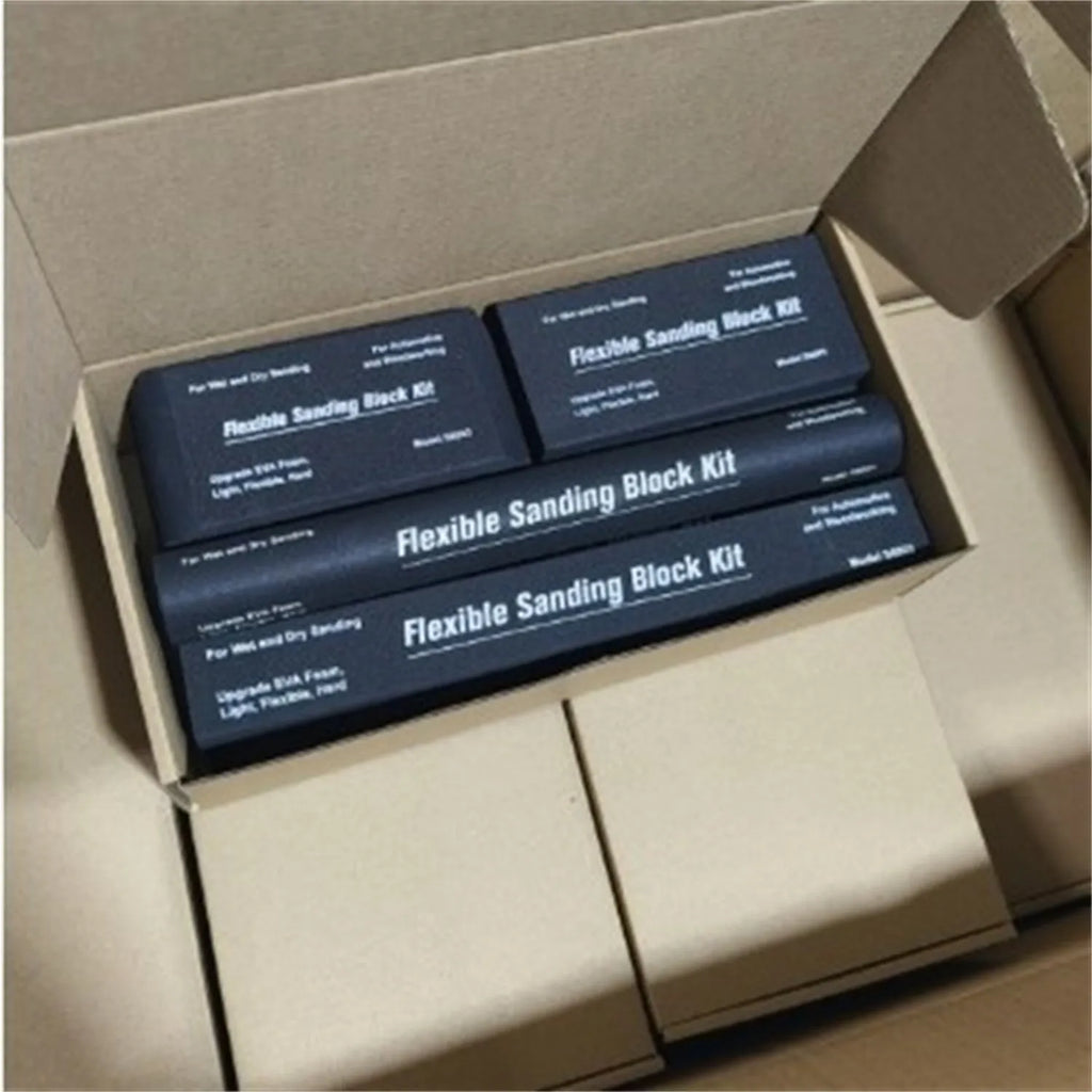 Seven black frosted EVA display blocks arranged in staggered formation