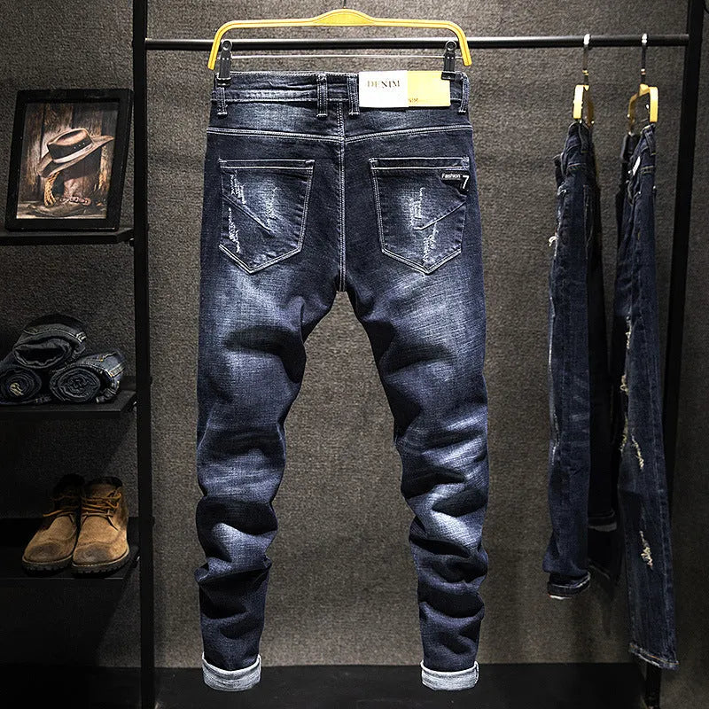 Men's slim-fitting skinny jeans in dark blue denim with micro elasticity fabric