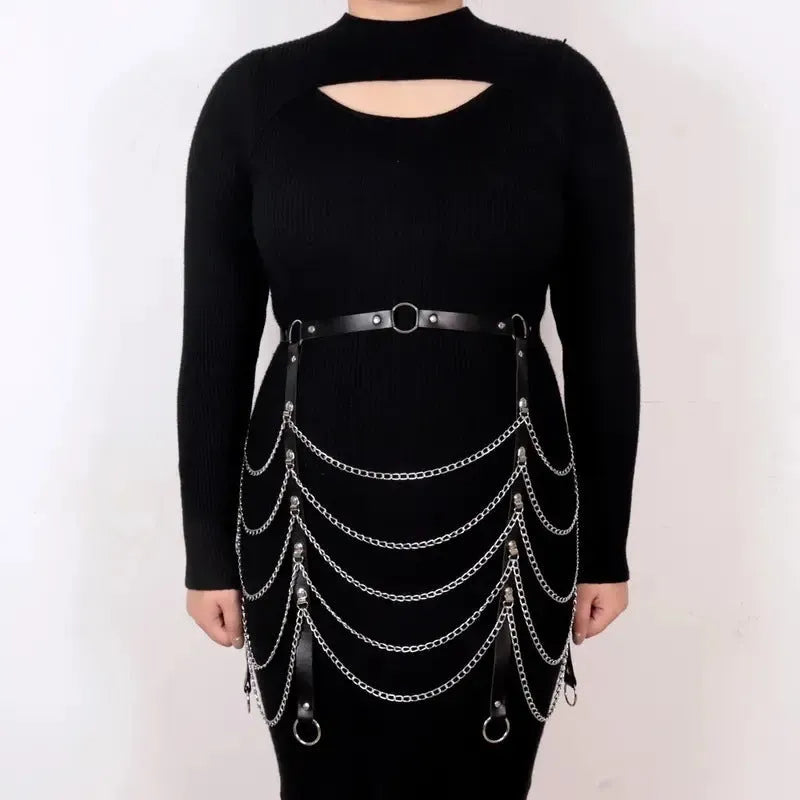 Black PU leather waist chain with bandage binding design and metallic ornament detail