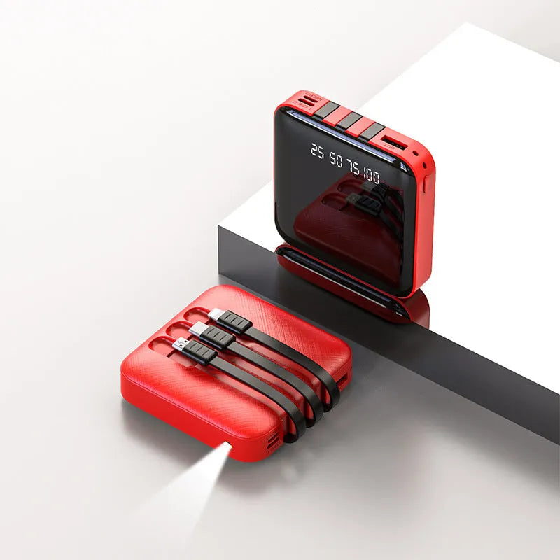 Black 10000mAh portable power bank with integrated charging cable, compact rectangular design.