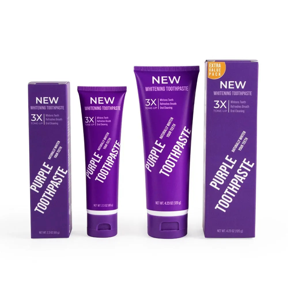 Purple whitening toothpaste for adults in 120g and 65g tube sizes