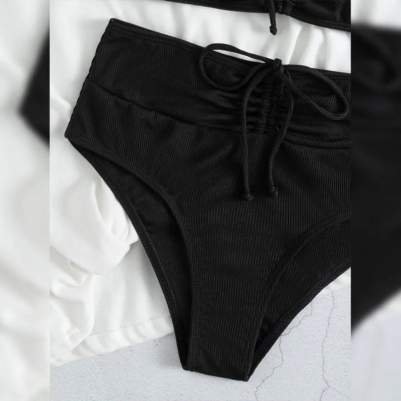 Black women's high waist sling split bikini swimsuit with sleeveless design