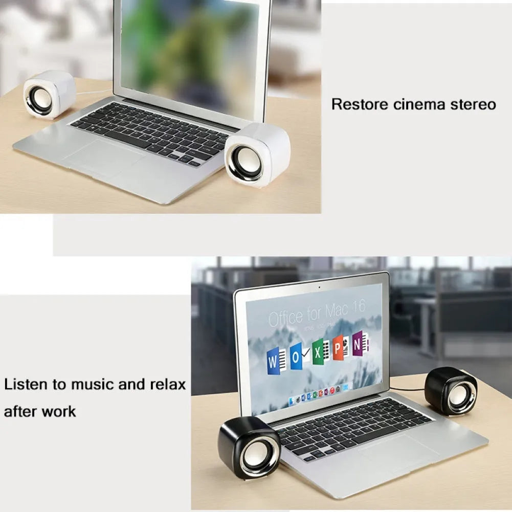 Black or white ABS mini computer speakers measuring 7.2cm with scroll wheel volume control