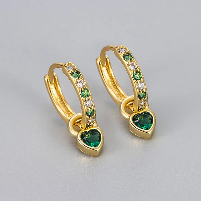 Women's fashion earrings with heart-shaped zircon eardrops in gold and white gold coloured settings