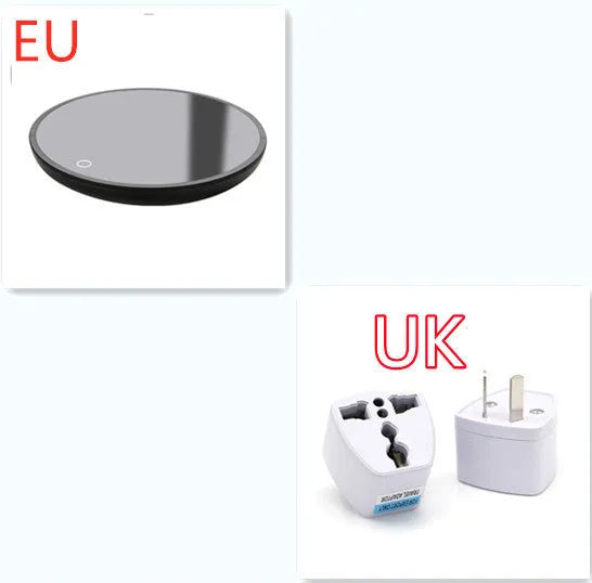 Black circular mug warmer with tempered glass surface and temperature switch