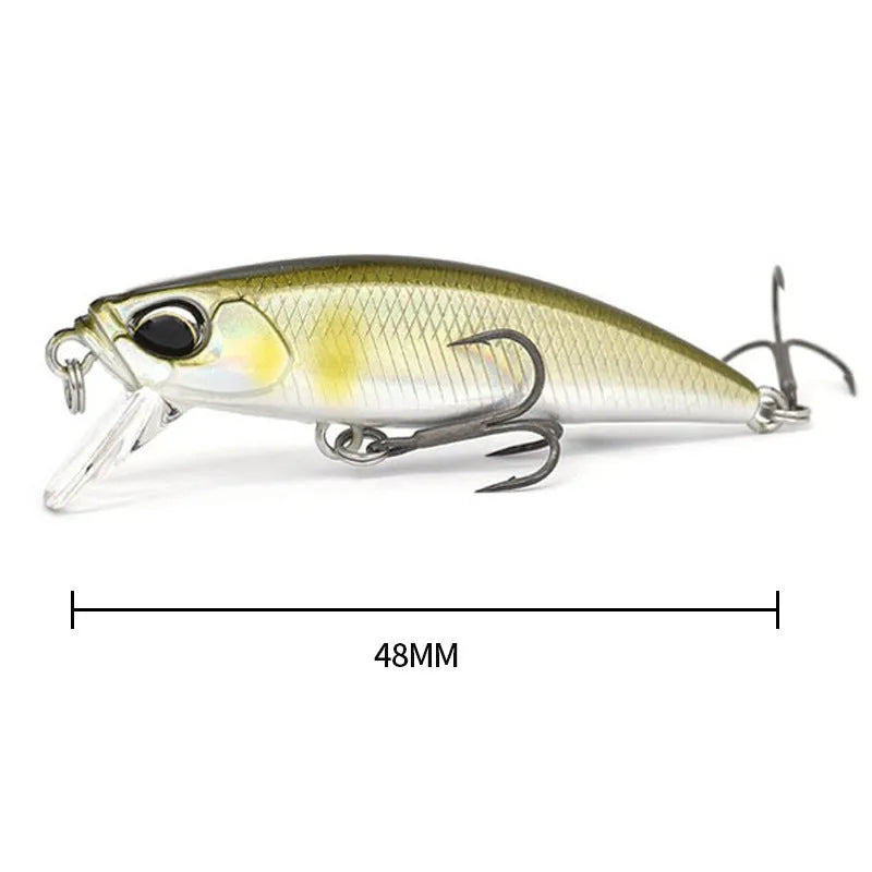 48mm long 6.5g hard fishing lure for mino techniques, shown in one of fourteen available colours.