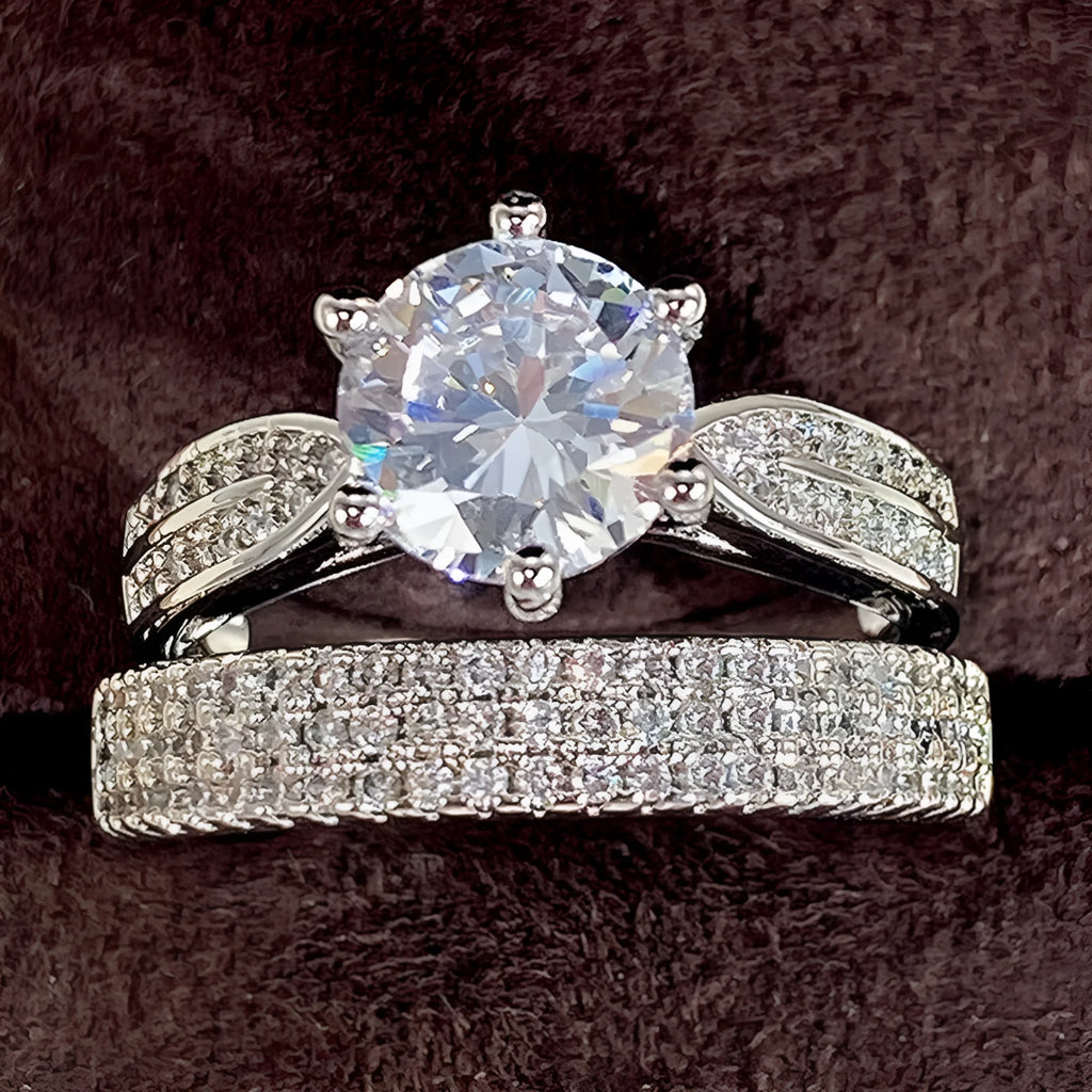 Alloy wedding ring with white gold colour finish showing geometry design and round elements