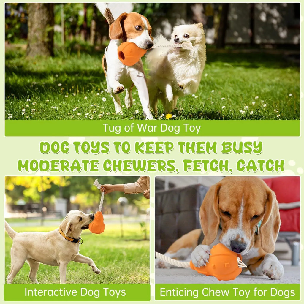 A natural rubber stuffable dog toy for small to medium breeds, shown with a hollow centre for treats.