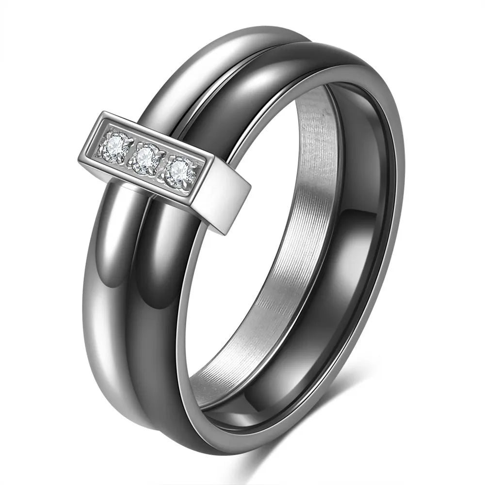 Glossy ceramic women's ring with geometric shape and stitching detail in steel black or gold white finish