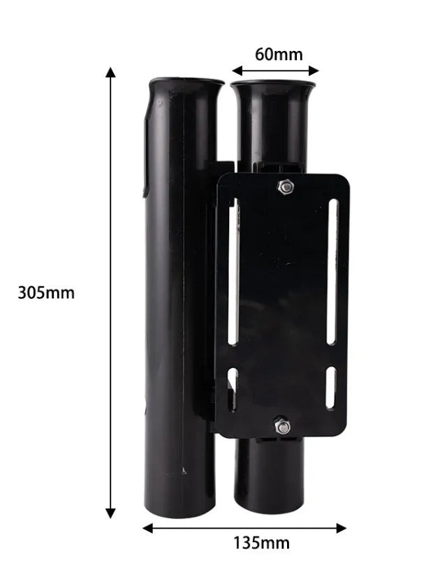 Black double-layer plastic fishing rod rack with carbon fibre frame and metal pipe clamp for bicycle handlebars