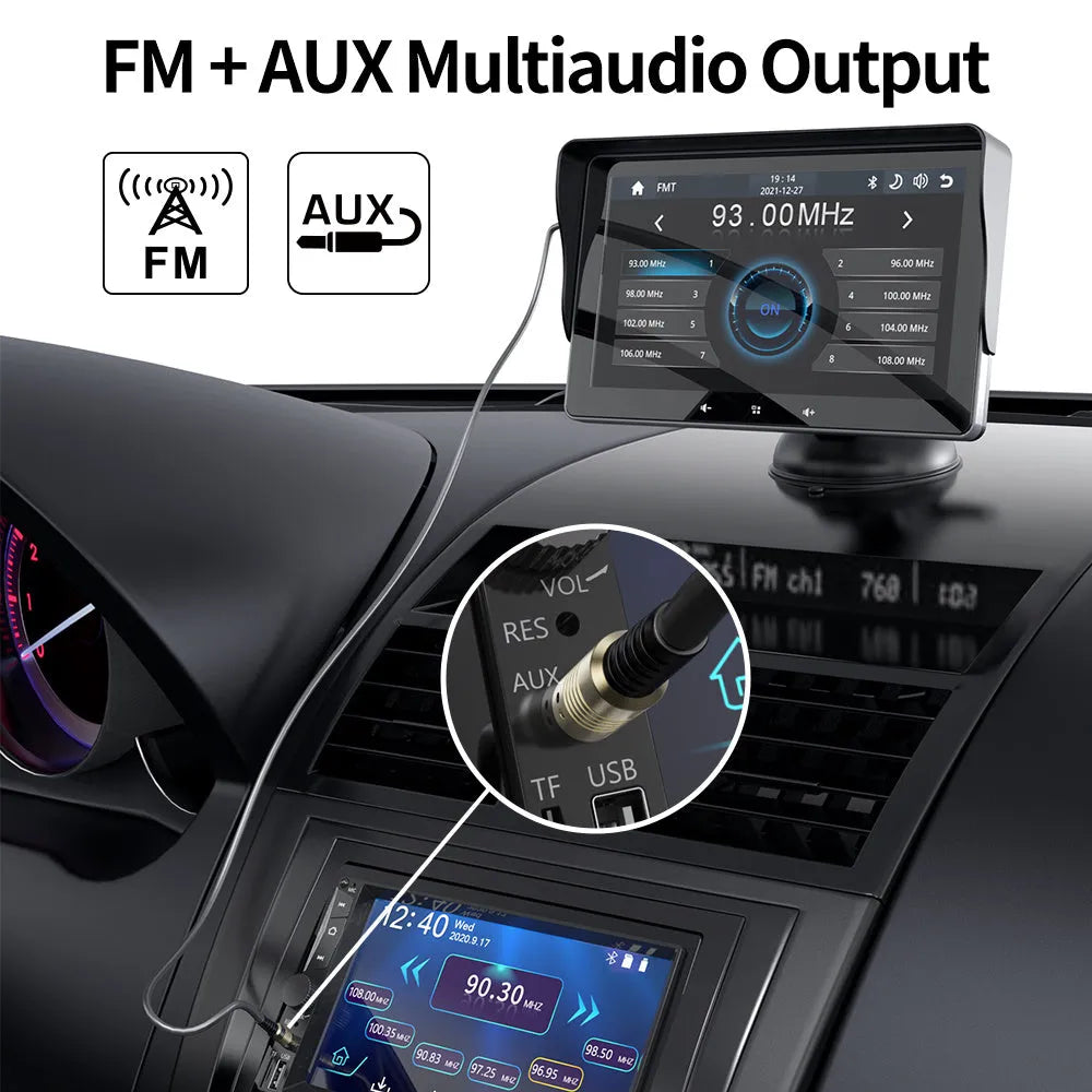 7-inch wireless CarPlay car display with suction cup mount on a dashboard