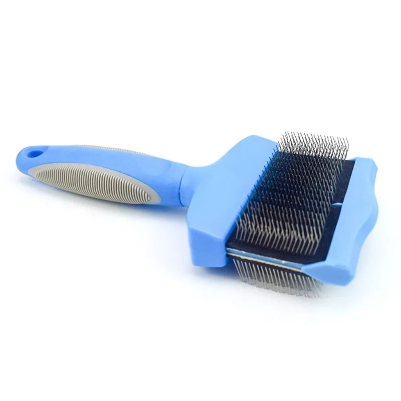 Blue double-sided pet brush showing stainless steel pins on one side and firm bristles on the other.